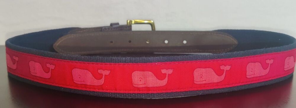 Vineyard Vines Whale Logo Belt Men Size 32 Stitched Leather Pre Owned